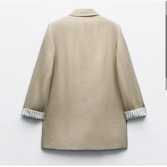 Zara Linen Blend Roll Up Sleeve Single Button Blazer Coat Jacket, Beige Size S