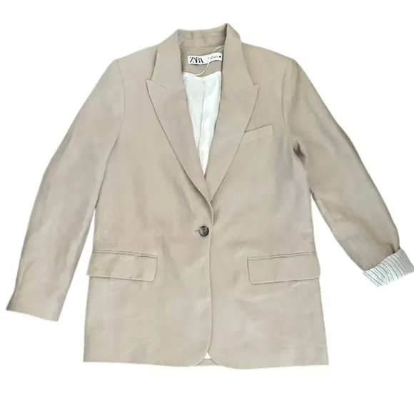 Zara Linen Blend Roll Up Sleeve Single Button Blazer Coat Jacket, Beige Size S