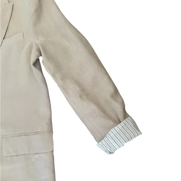 Zara Linen Blend Roll Up Sleeve Single Button Blazer Coat Jacket, Beige Size S
