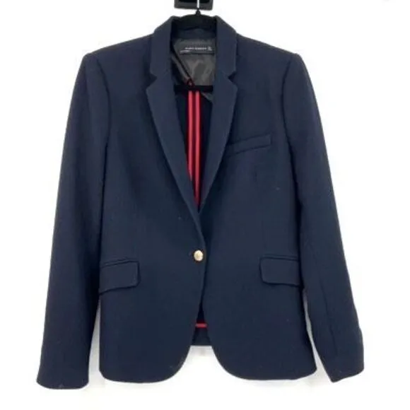 Zara Navy Notch Lapel Gold Tone Textured Single-Breasted Blazer Jacket Small