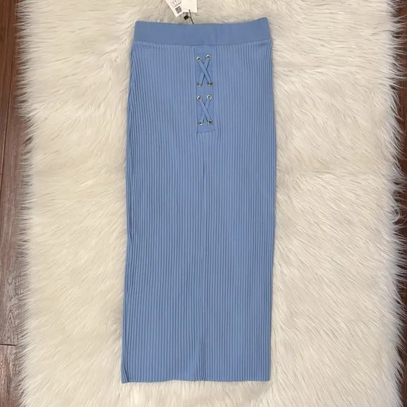 Zara Ribbed High Waisted Midi Light Blue Skirt Size M