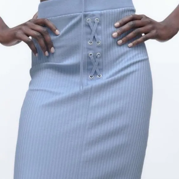 Zara Ribbed High Waisted Midi Light Blue Skirt Size M