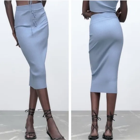Zara Ribbed High Waisted Midi Light Blue Skirt Size M